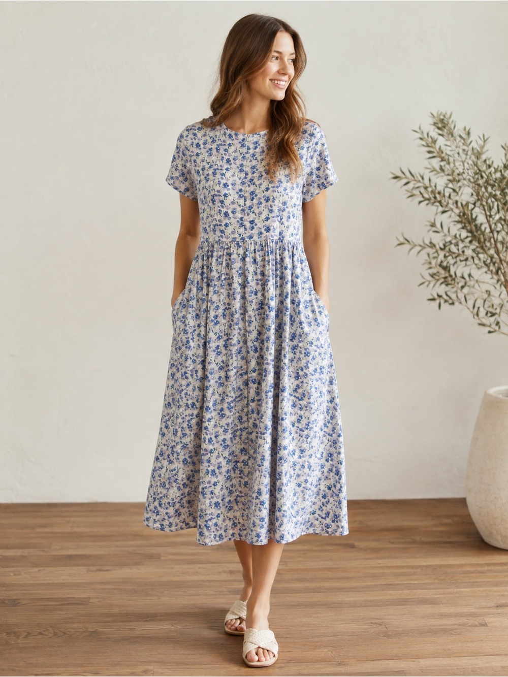 Jessakae Midi Dress Large Pockets Lined Cottagecore Ditsy Floral Blue Purple